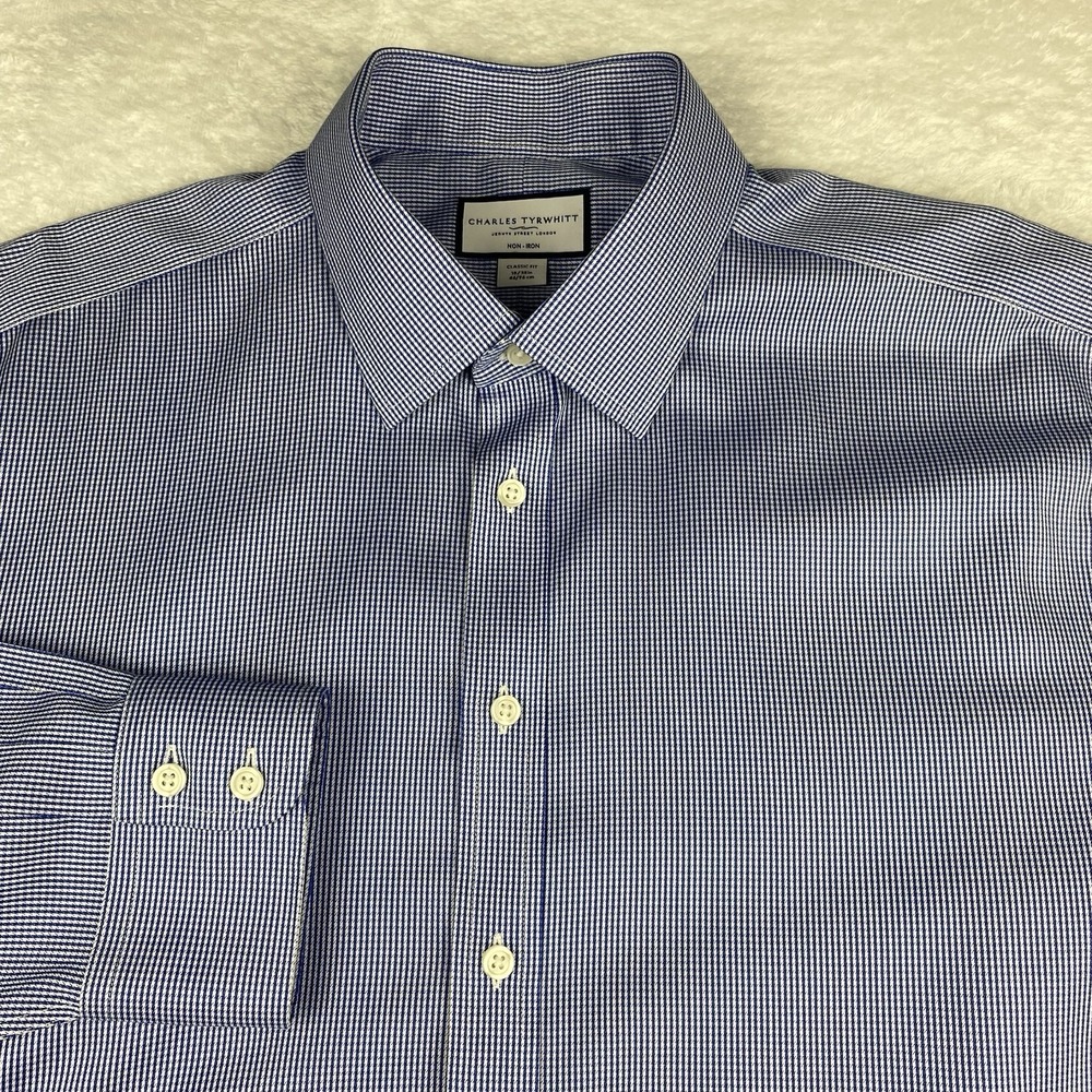 Charles Tyrwhitt Dress Shirt Mens 18-38 Blue Micro-Check Classic Fit Non Iron